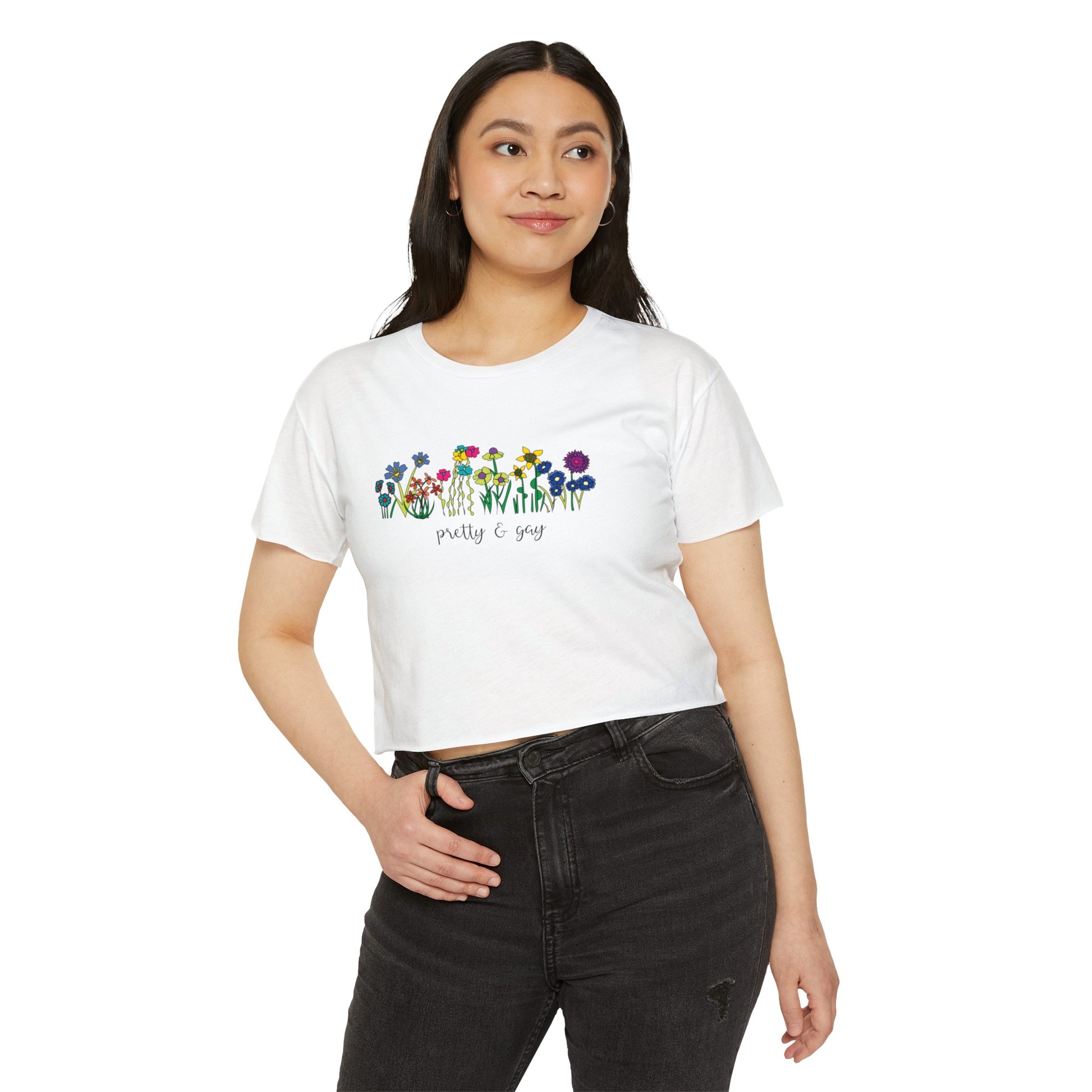 Pretty and gay Floral Pride Women's Festival Crop Top LGBTQ Pride Pretty and Gay Floral Crop Top Lesbian Pride Top Floral Pretty and Gay Pride Floral Top white 