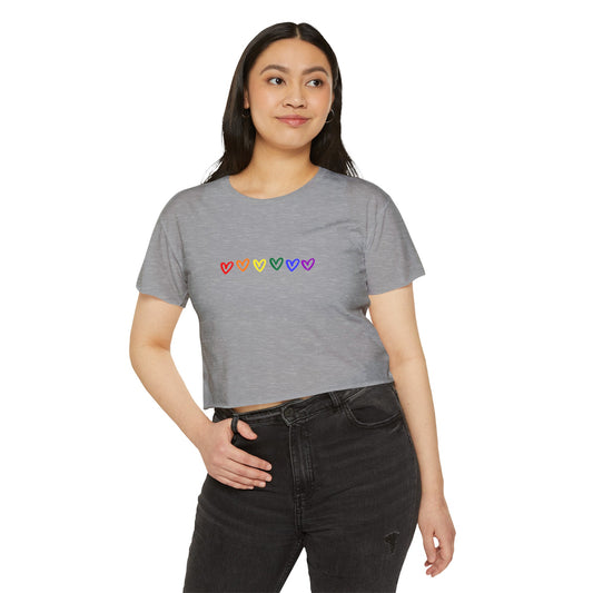 Rainbow  Hearts Pride Women's Festival Crop Top LGBTQ Pride Crop Top Rainbow Hearts gay Pride rainbow hearts crop top lesbian pride crop top hearts gray 