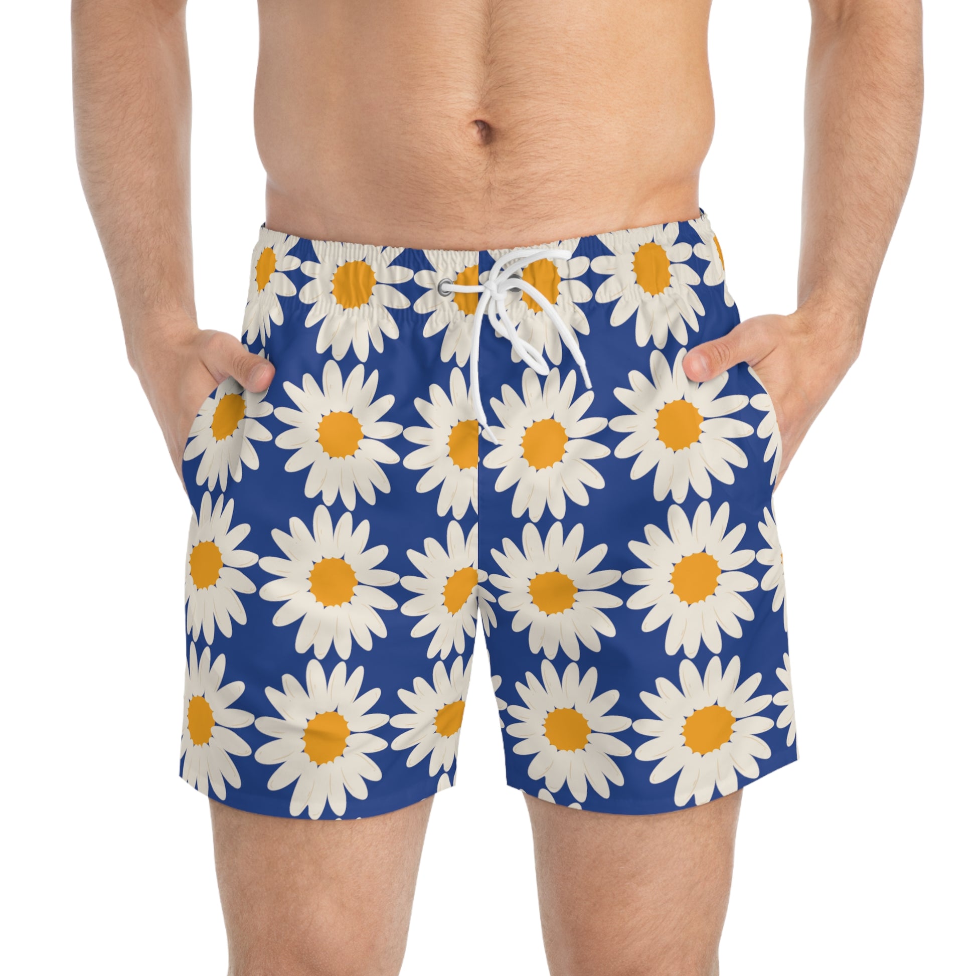 White Daisy Dark Blue Men's Swim Trunks Floral Daisies Men's Swim Apparel Boho Swim Trunks Men's Summer Swim Apparel Daisy Swim