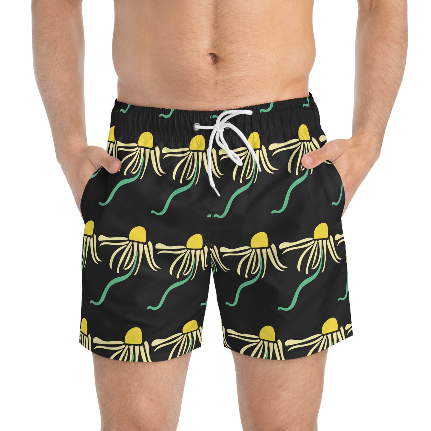 Black Dizzy Daisy Men's Swim Trunks Boho Floral Swim Apparel Men's Psychedelic Daisies Floral Men's Swim Apparel Funky Floral Men's Swim