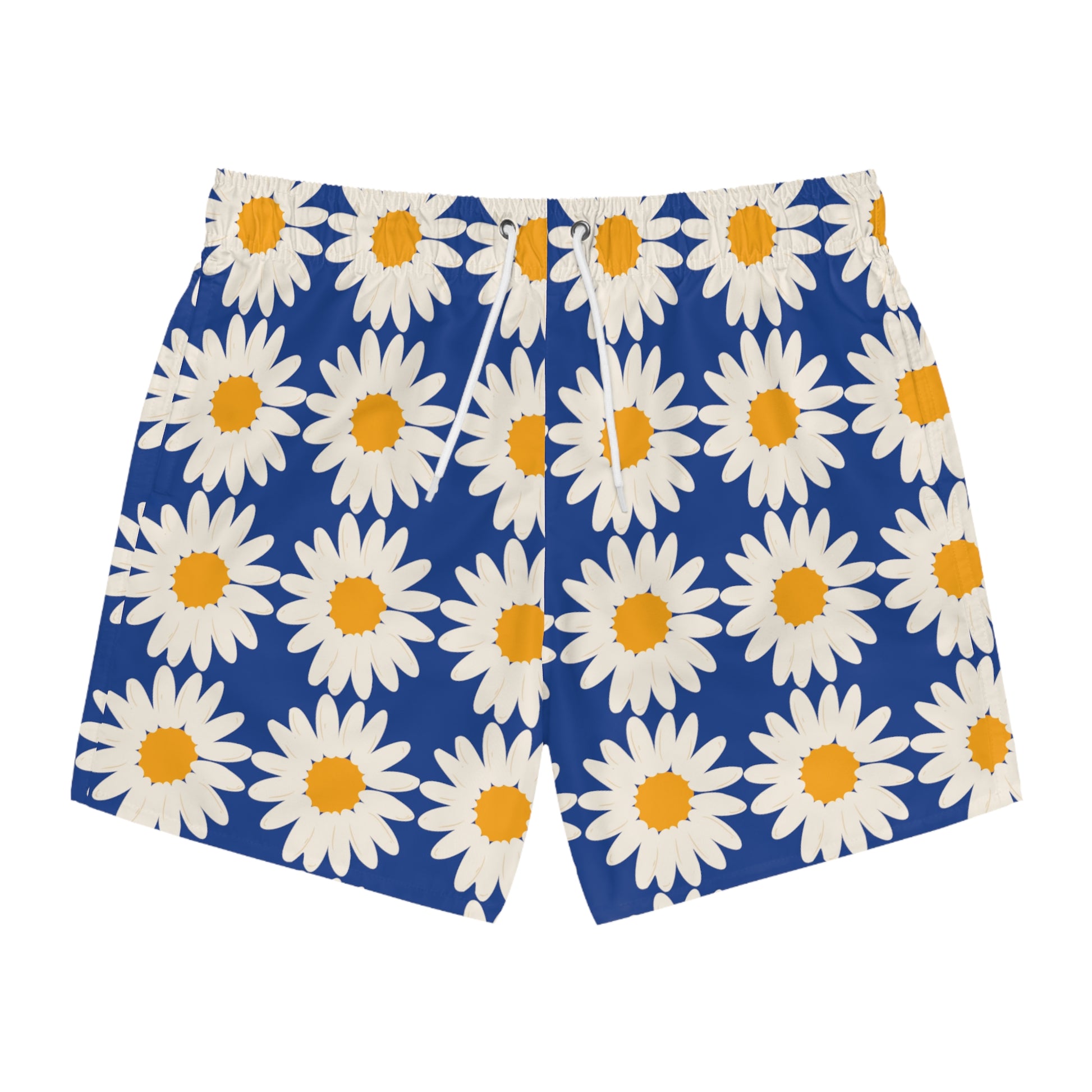 White Daisy Dark Blue Men's Swim Trunks Floral Daisies Men's Swim Apparel Boho Swim Trunks Men's Summer Swim Apparel Daisy Swim