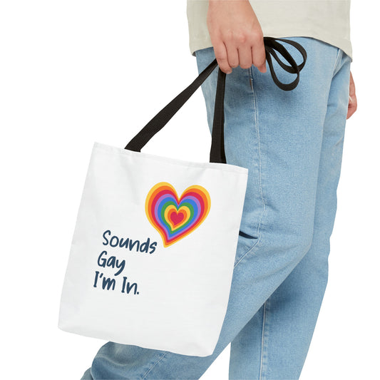 Sounds Gay I'm In Rainbow Heart Tote Bag LGBTQ Pride Tote Bag Rainbow Heart Sounds Gay I'm in Love Rainbow Heart Gay Pride Tote Sounds Gay I'm in black handle 