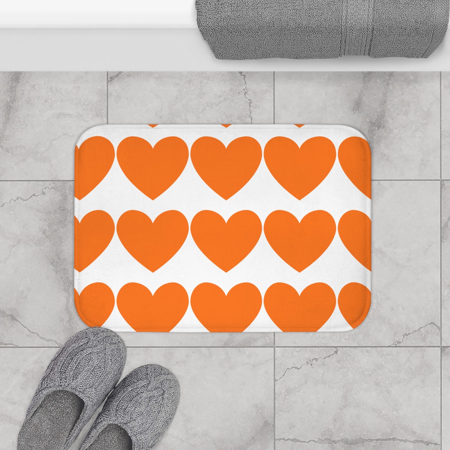 Orange Heart Bath Mat, Cute Bathroom Rug, Valentine's Day Gift, Love Home Decor, Cozy Bathroom Accessories