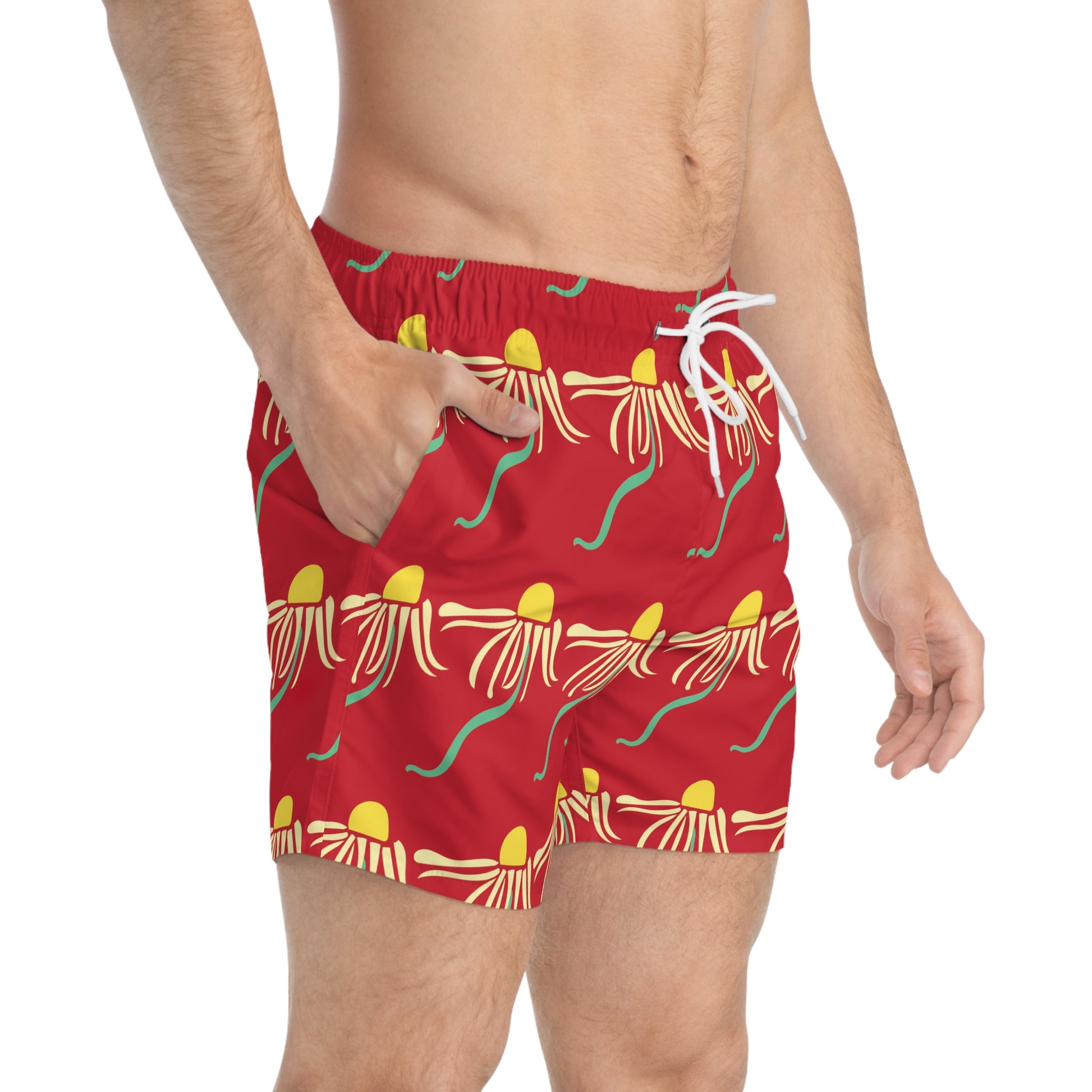 Red Dizzy Daisy Swim Trunks Cute Boho Men's Swim Apparel Western Floral Psychedelic Daisy Red Men's Swim Trunks & Apparel