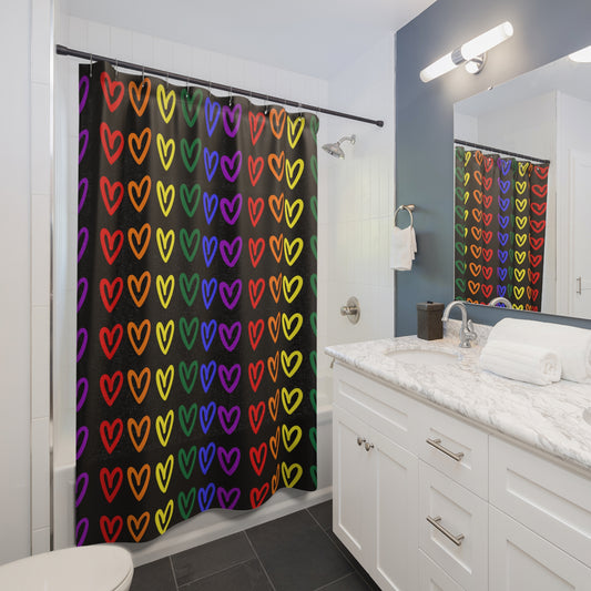 Rainbow Hearts Shower Curtain LGBTQ Pride Home Decor Rainbow Hearts Black Shower Curtain LGBTQ Rainbow Home Decor Bathroom Rainbow Shower Curtain