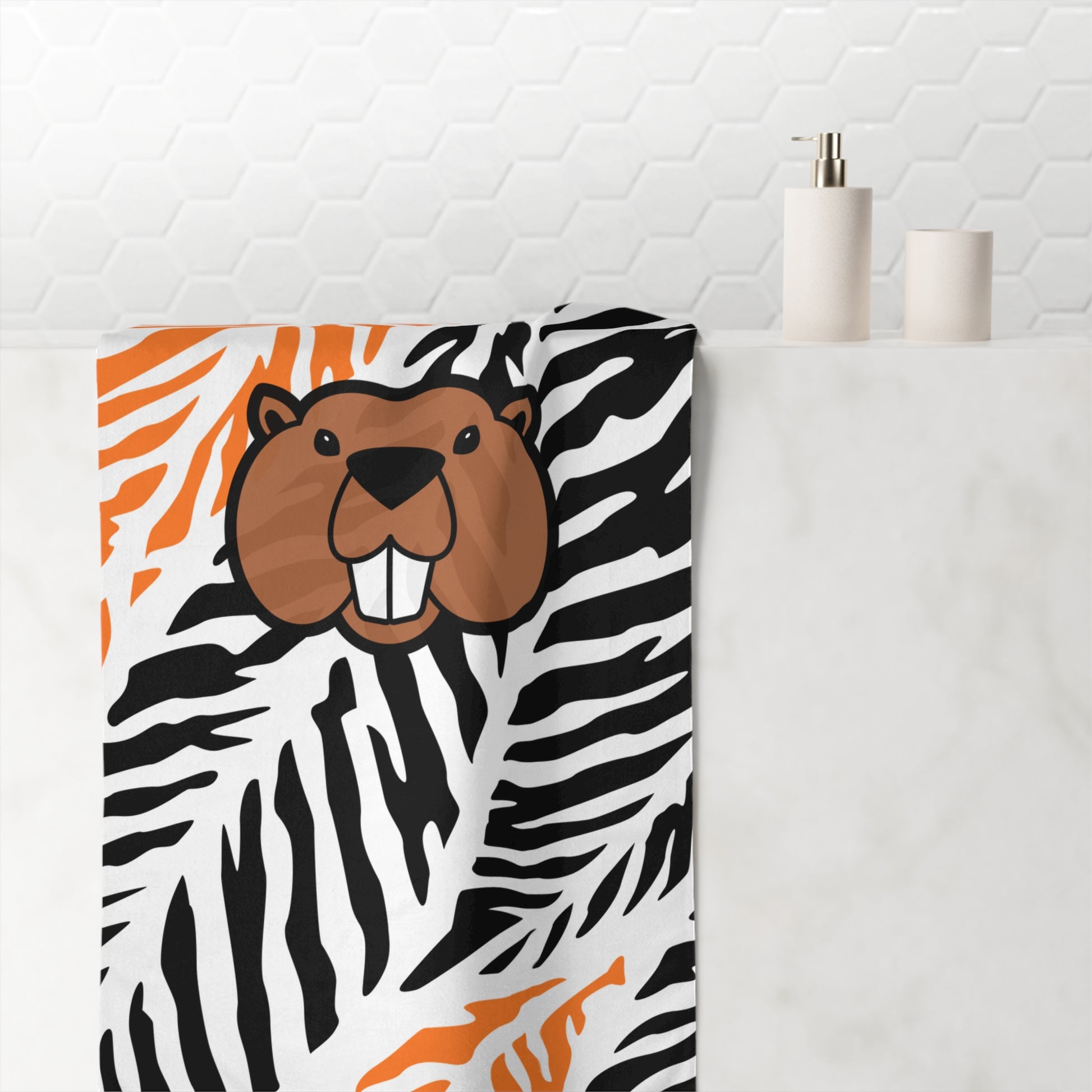 Close-up of jungle pattern and beaver-inspired detail