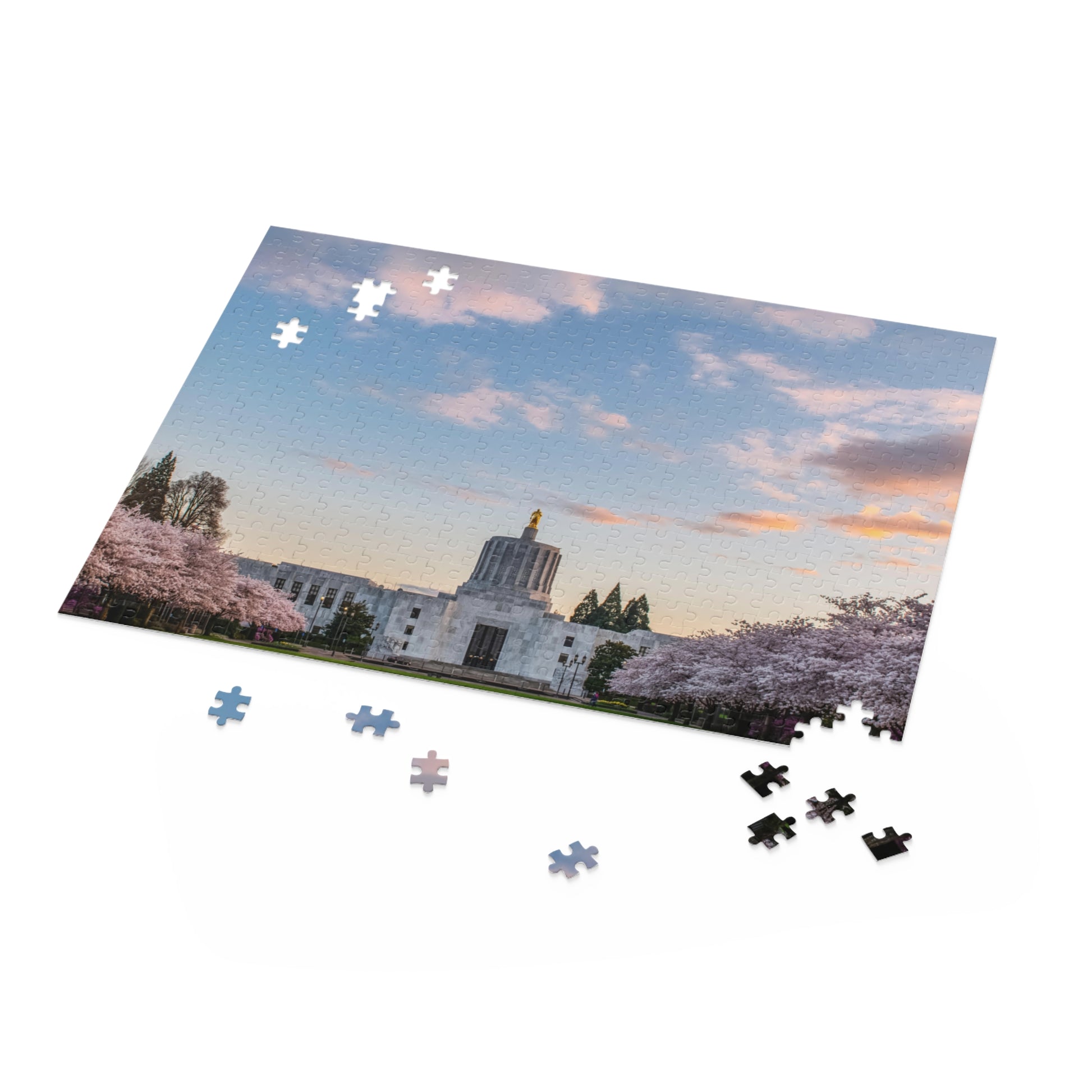 Salem Oregon cherry blossoms Puzzle 120, 252, 500-Piece, PNW Cherry Blossoms Oregon Capital Puzzle, Salem Oregon Cherry Blossoms Puzzle