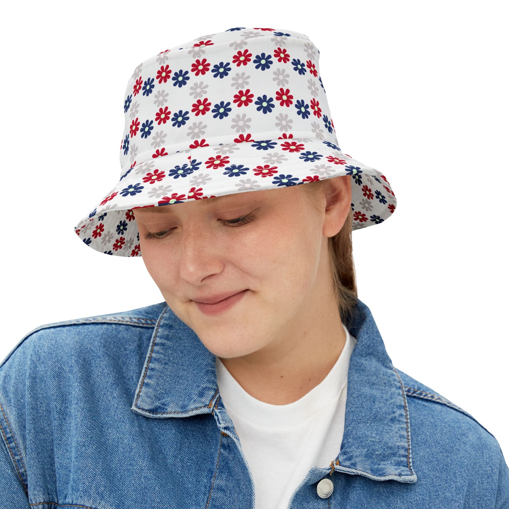 Classic Americana bucket hat showcasing vibrant red, white, and blue flowers—ideal for celebrating Independence Day