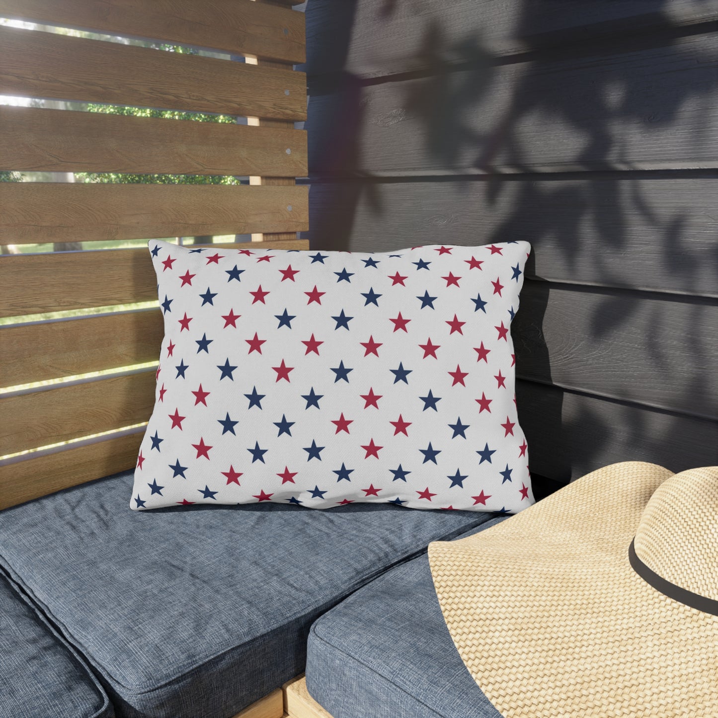 Classic Americana rectangular pillow showcasing vibrant red, white, and blue star patterns—ideal for celebrating the Fourth of July.