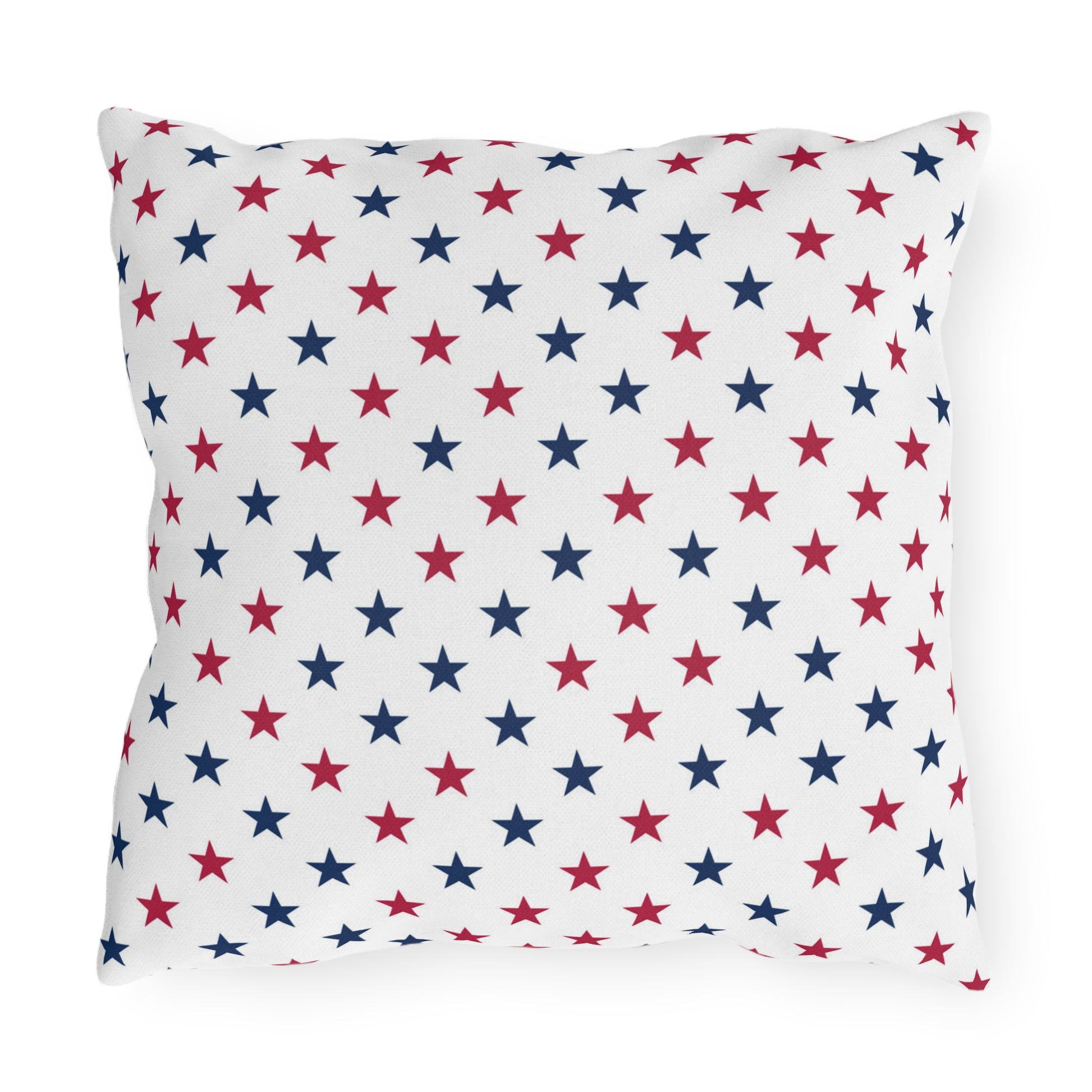 Classic Americana square pillow showcasing vibrant red, white, and blue star patterns—ideal for celebrating the Fourth of July.