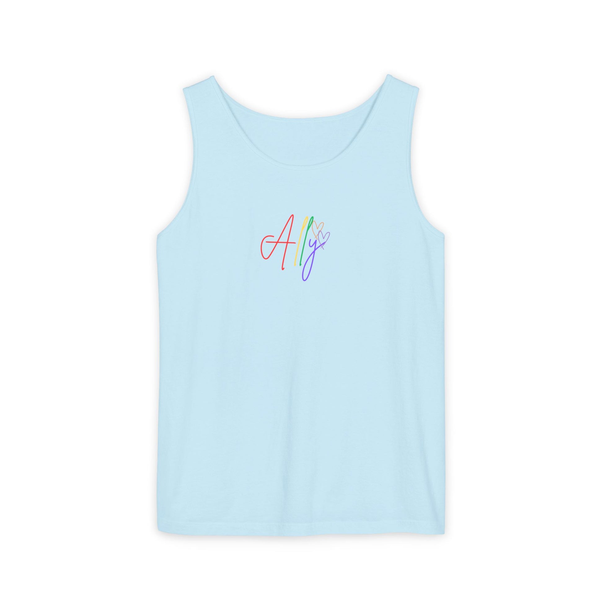 A baby blue Pride-themed "Ally" tank featuring vibrant rainbow typography, designed for gender-inclusive allyship and everyday celebration of love.