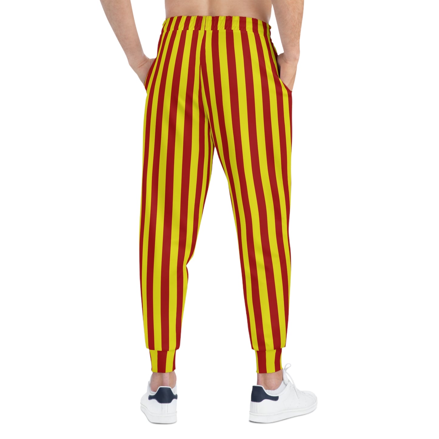 Back view of gold and cardinal striped joggers—featuring retro side stripes, relaxed fit, and elastic waistband, styled for USC-inspired gameday girls with cozy flair
