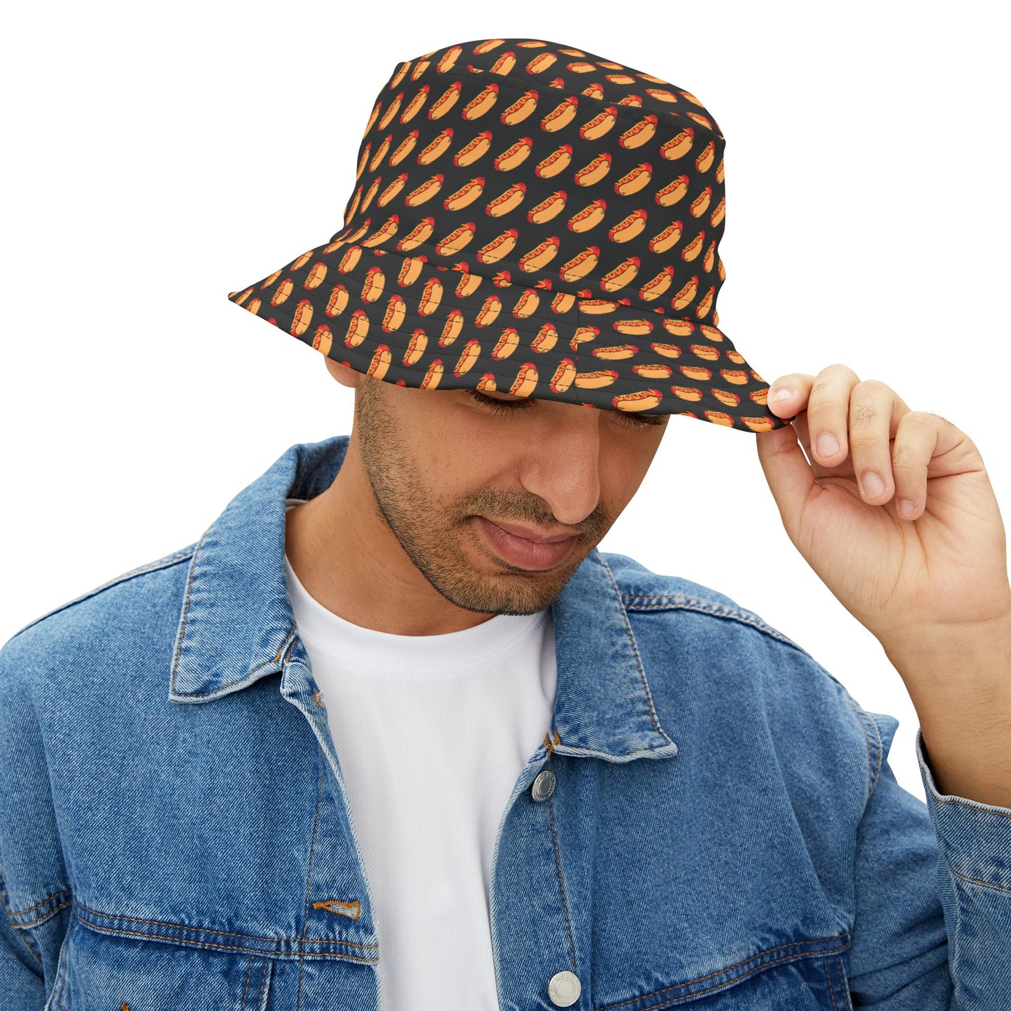 Trendy black bucket hat with a playful hot dog embroidery—perfect for grilling season and July 4th fun.