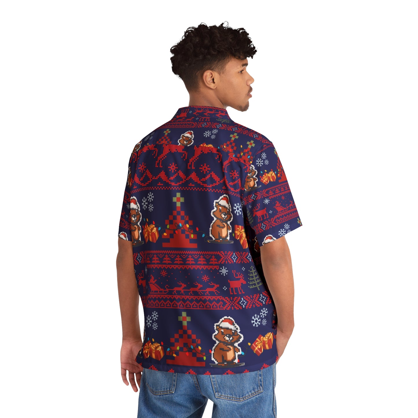 Back view of festive Hawaiian shirt with Santa Beaver print—lightweight and perfect for Corvallis Christmas lounging