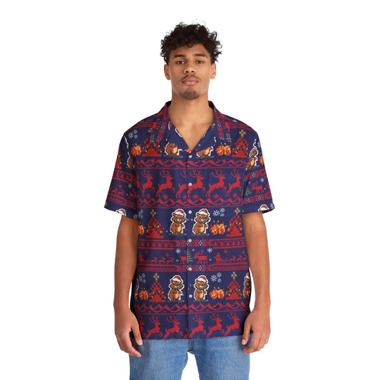 Front view of Beaver Christmas Hawaiian shirt with black and orange tropical print—styled for Oregon State holiday parties and gameday cheer