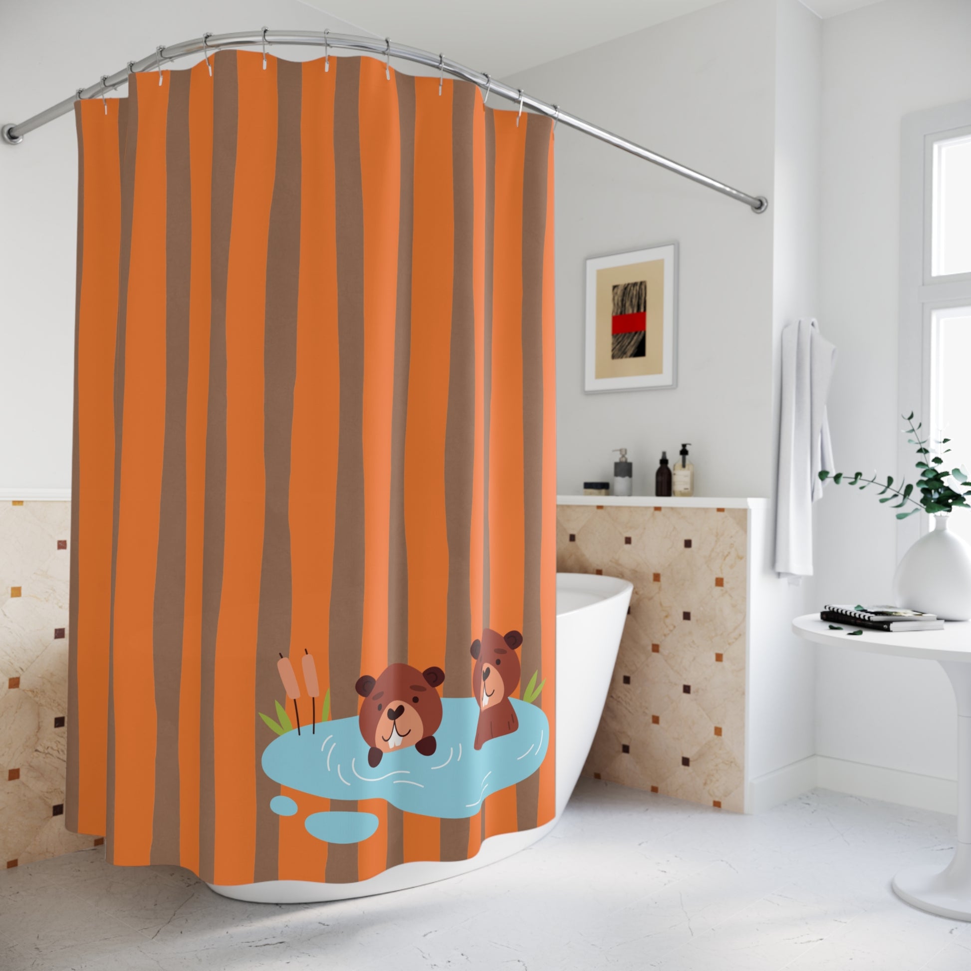 Styled bathroom scene with Beaver Dive shower curtain, black fixtures, and college-themed accents