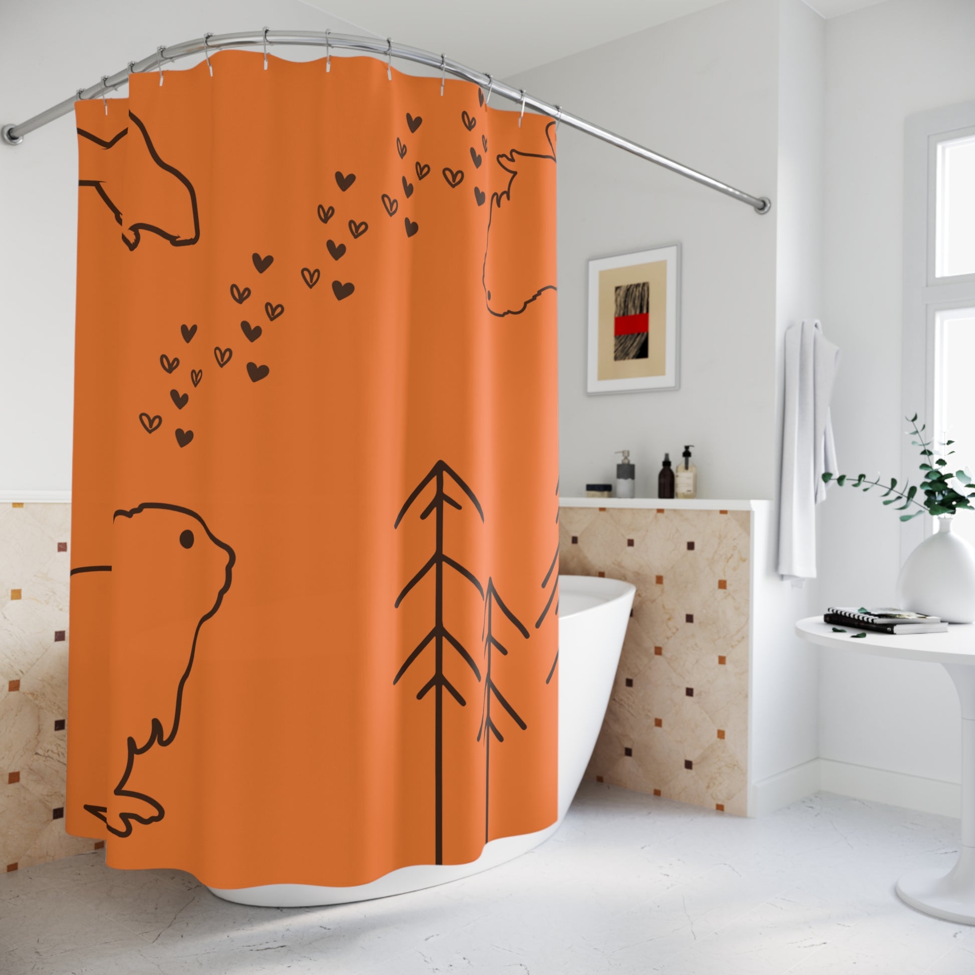 Styled bathroom scene with orange stick figure beaver shower curtain, wood accents, and playful decor