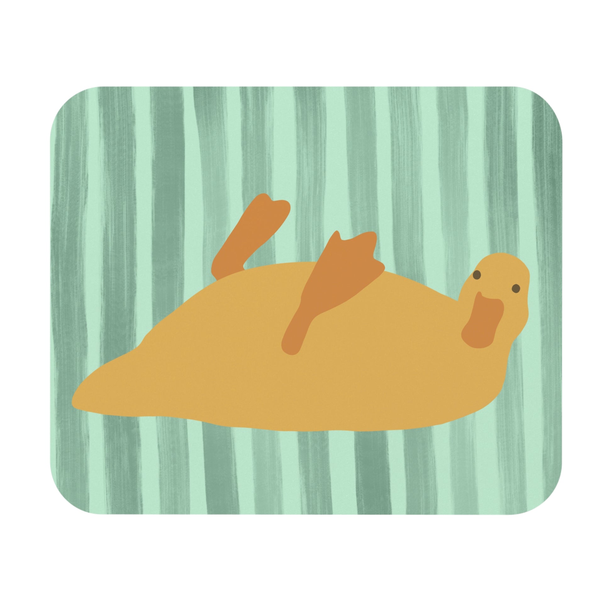 Green striped mouse pad with sleepy duck illustration, styled on a bed with a laptop and cozy blanket setup for college students