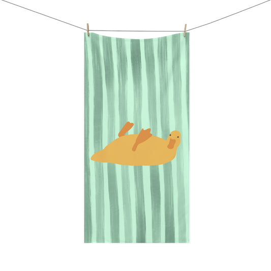 Bathroom towel featuring bed rot duck resting on green stripes – cozy and quirky decor for dorms and mood-forward homes
