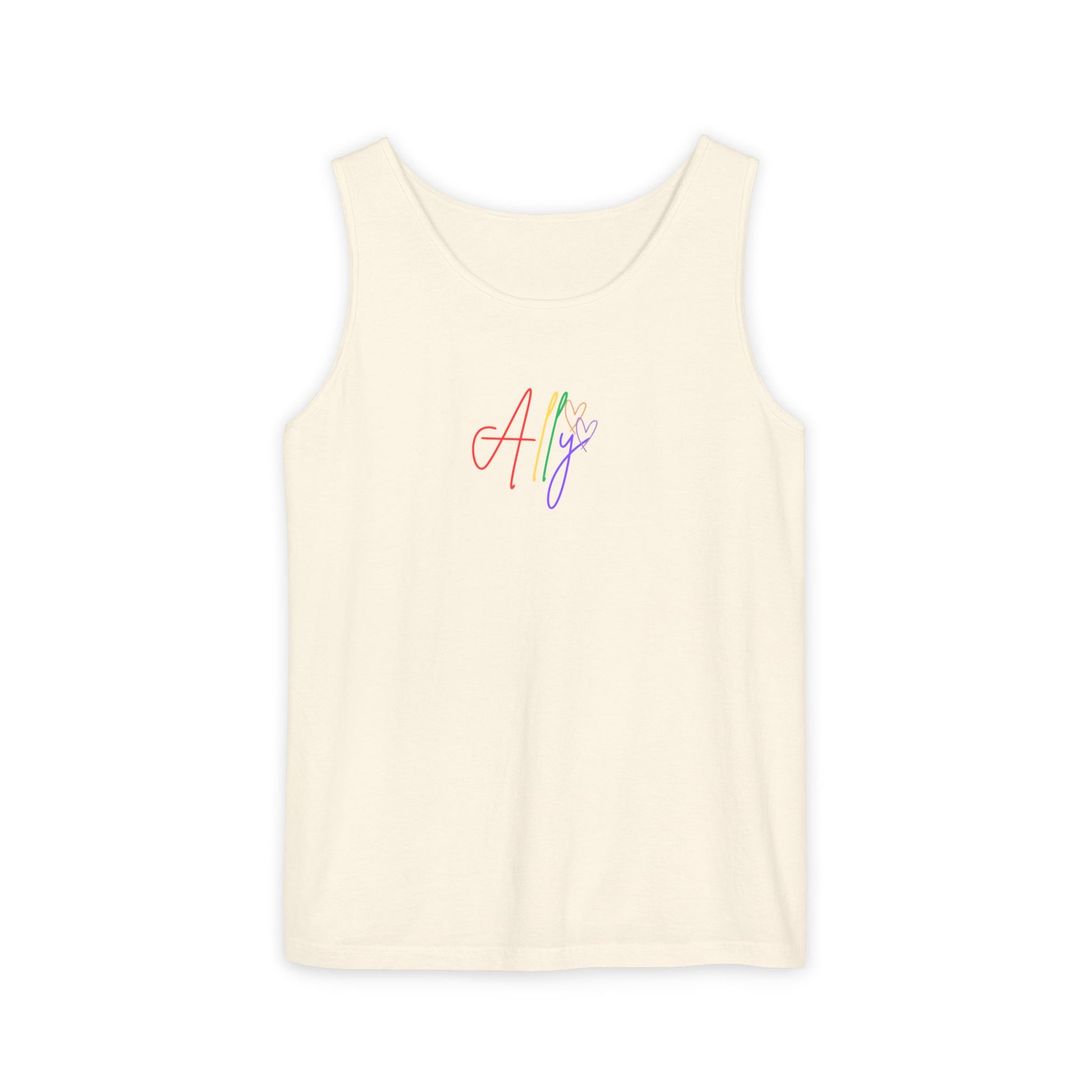 A soft beige unisex tank top with "Ally" printed in vibrant rainbow text, blending warmth and inclusivity in a subtle yet powerful Pride statement.