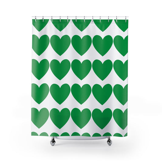 Cute shower curtain with large green heart design for college dorm bathrooms