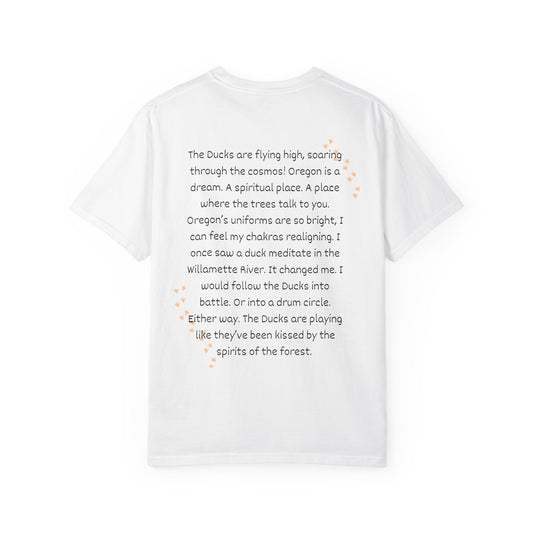 T-shirt with tie-dye yellow heart and Bill Walton quotes celebrating the Oregon Ducks, styled for retro basketball fans.