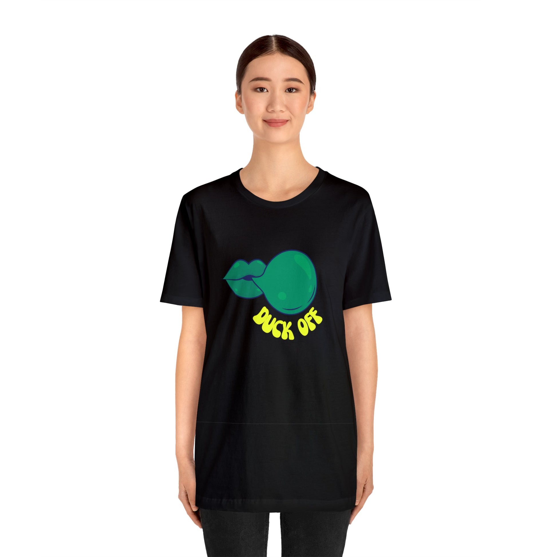 Black "Duck Off" T-Shirt worn at a football tailgate, adding a fun and sporty touch to a game-day outfit.