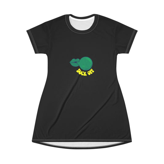 Black "Duck Off" T-Shirt Dress featuring a bold graphic, blending playful attitude with effortless game-day style.