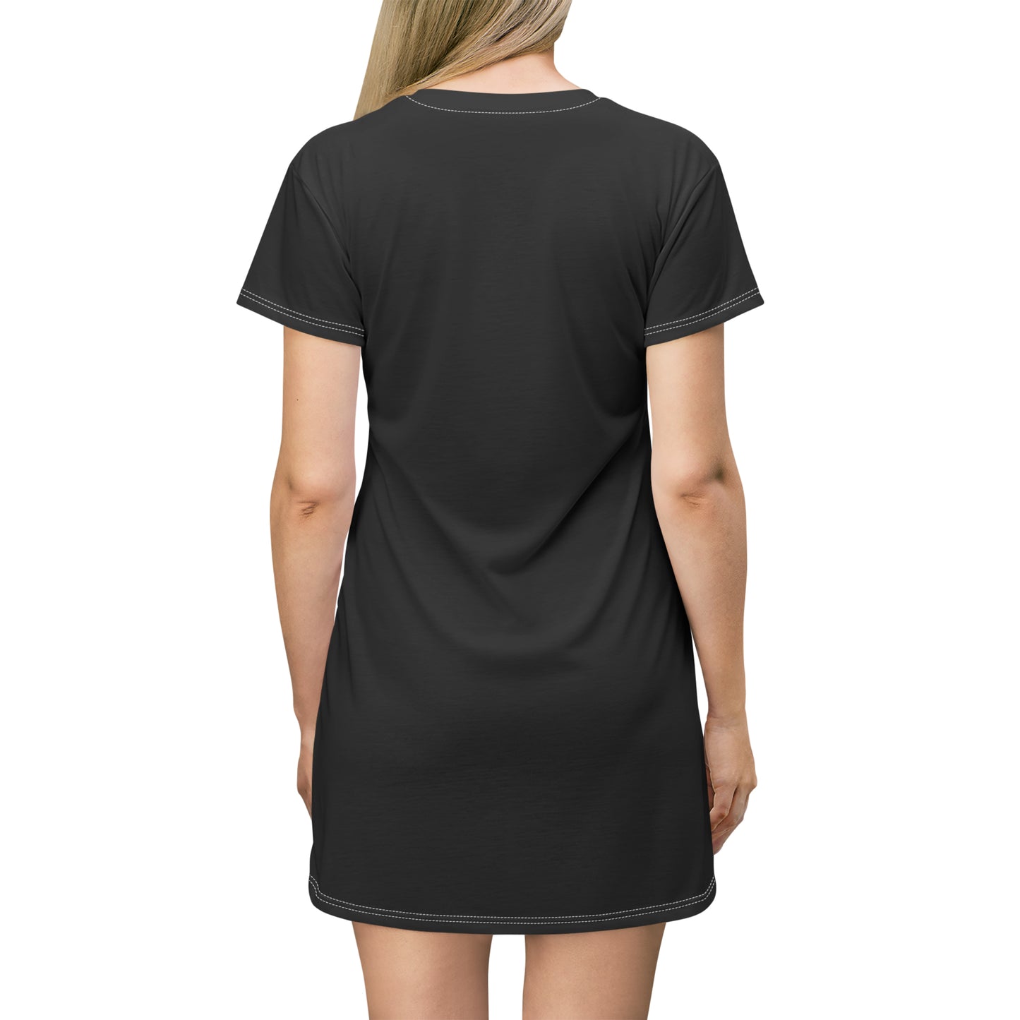 Black "Duck Off" T-Shirt Dress styled at a football stadium, blending casual comfort with bold fan energy.