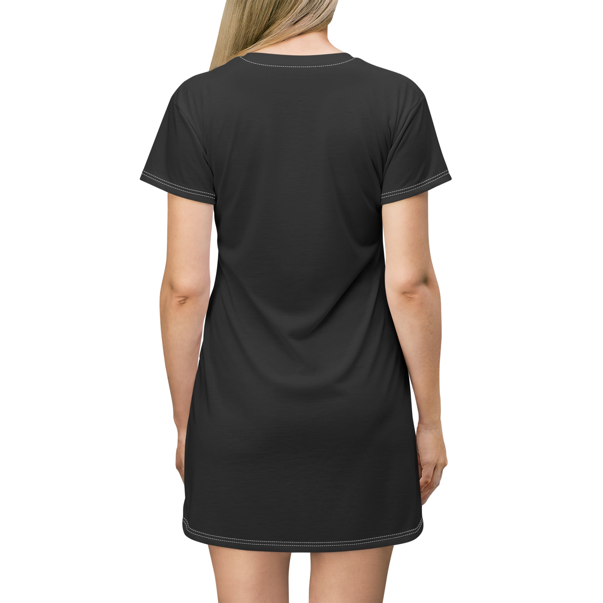Black "Duck Off" T-Shirt Dress styled at a football stadium, blending casual comfort with bold fan energy.