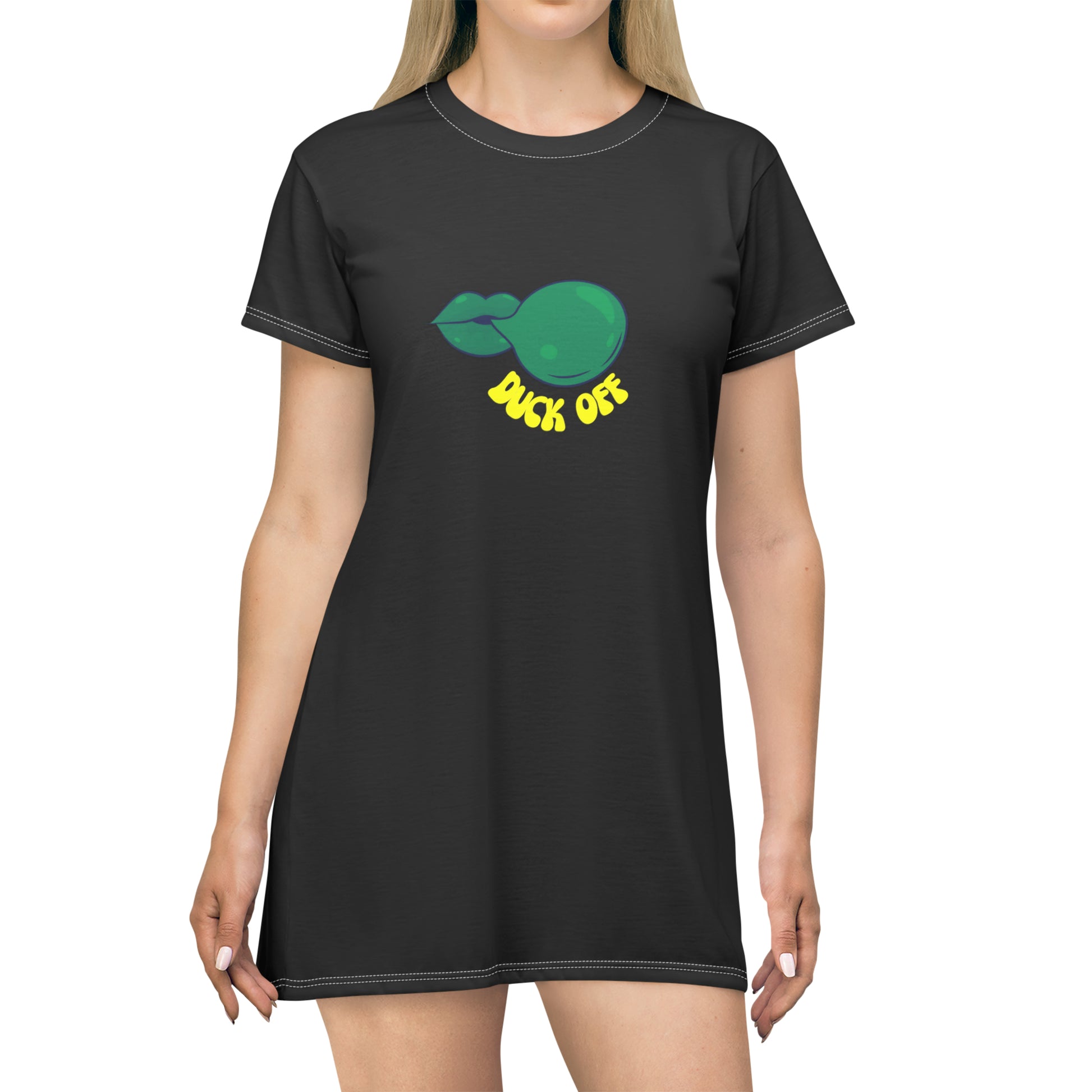 Black "Duck Off" T-Shirt Dress worn at a football tailgate, adding a fun and sporty touch to a game-day outfit.