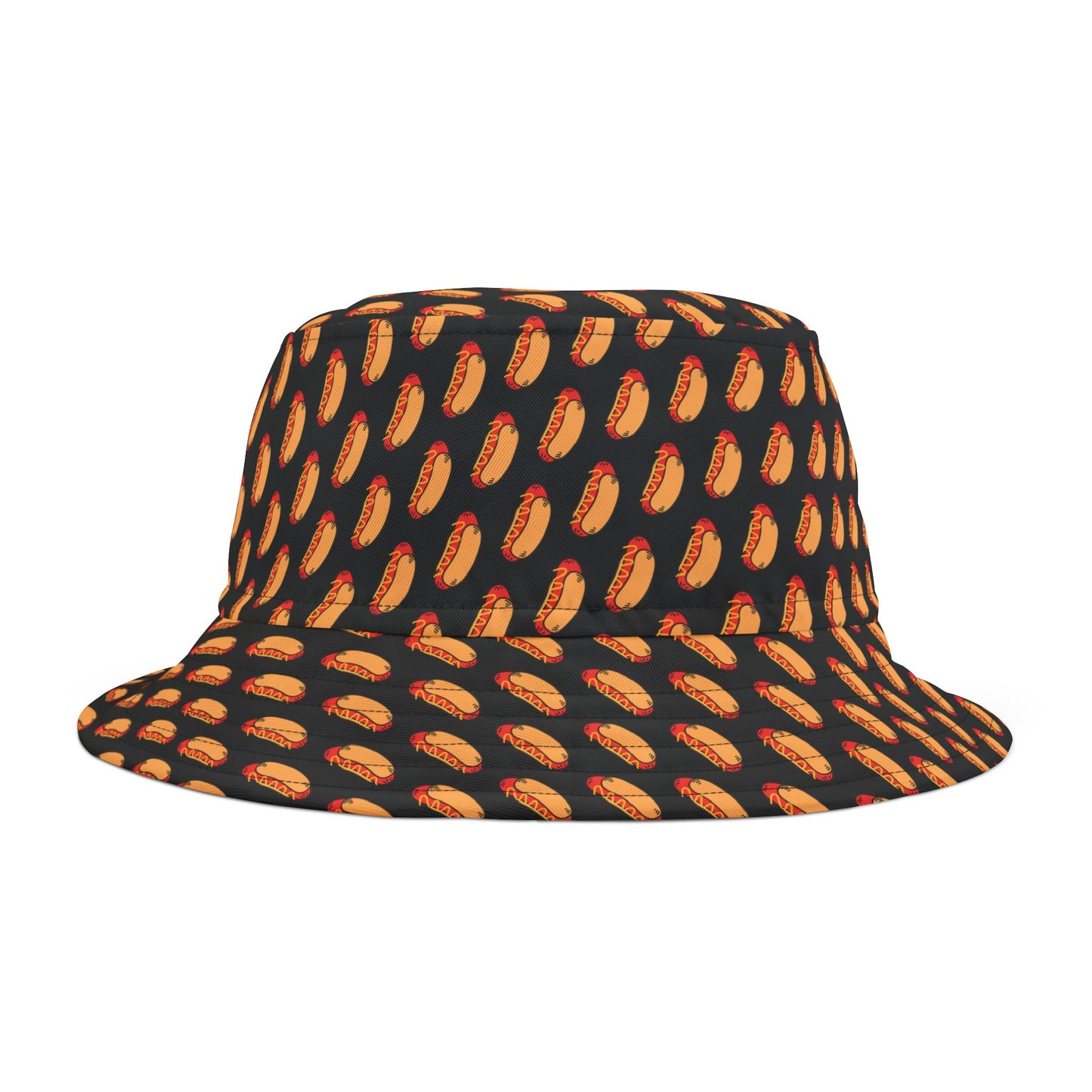 Modern black bucket hat with a vibrant hot dog illustration—ideal for Fourth of July gatherings.