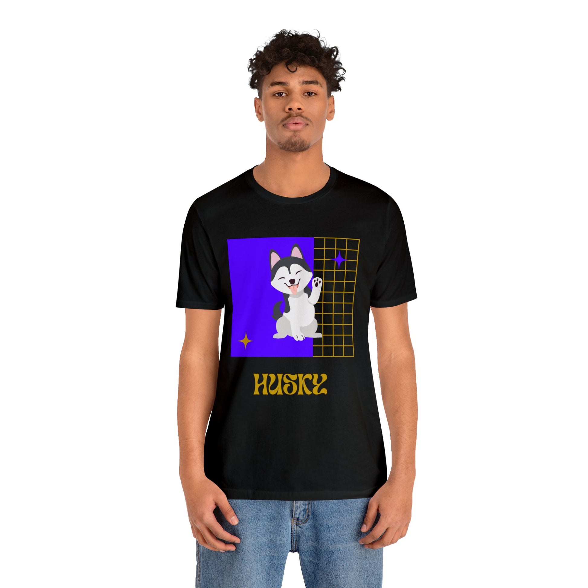 Close-up of black tee with purple and gold mascot print, paired with gold hoops and retro waves—bold game day fashion.