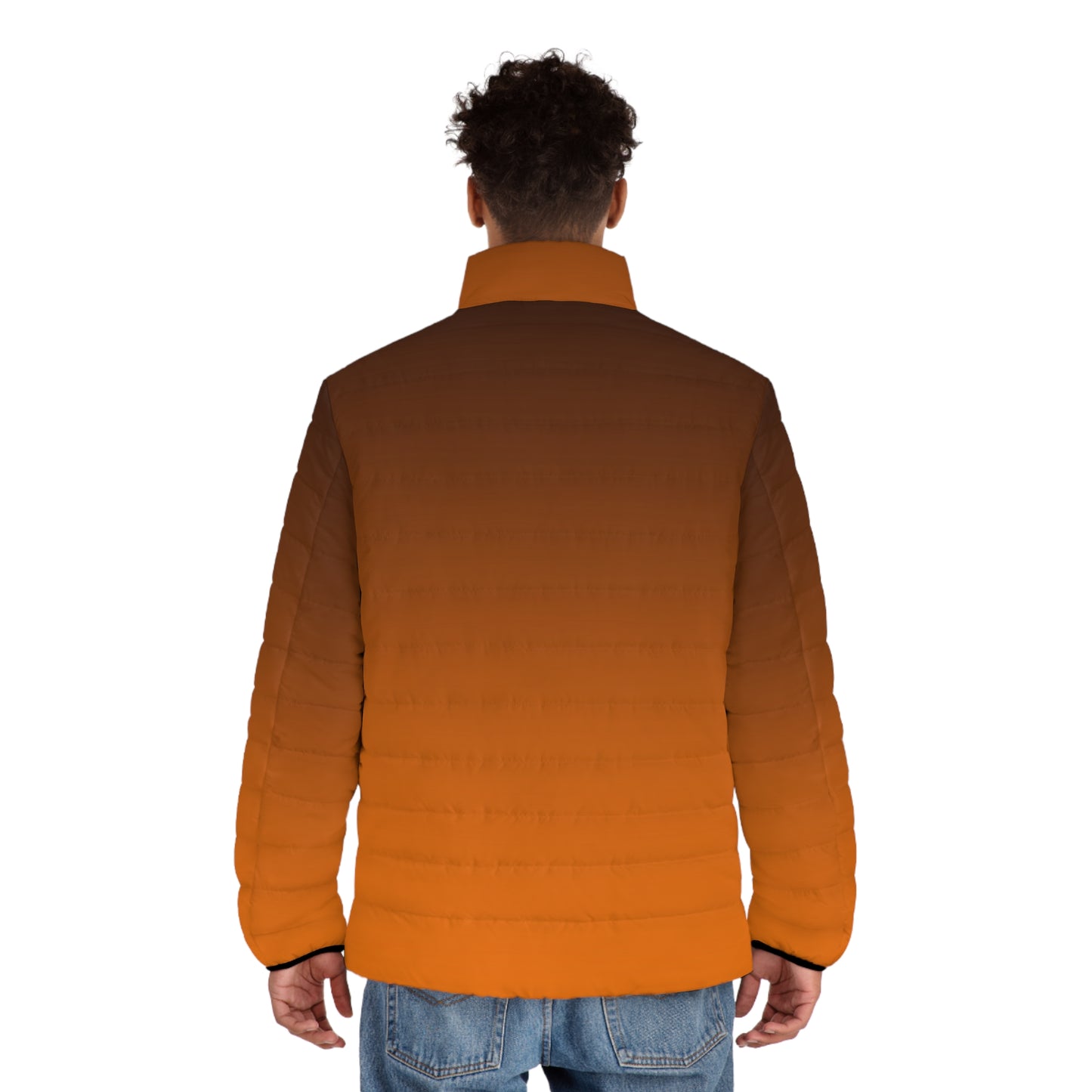 Back view of gradient puffer jacket in black and orange—showing warm insulation and bold color fade for Corvallis tailgates