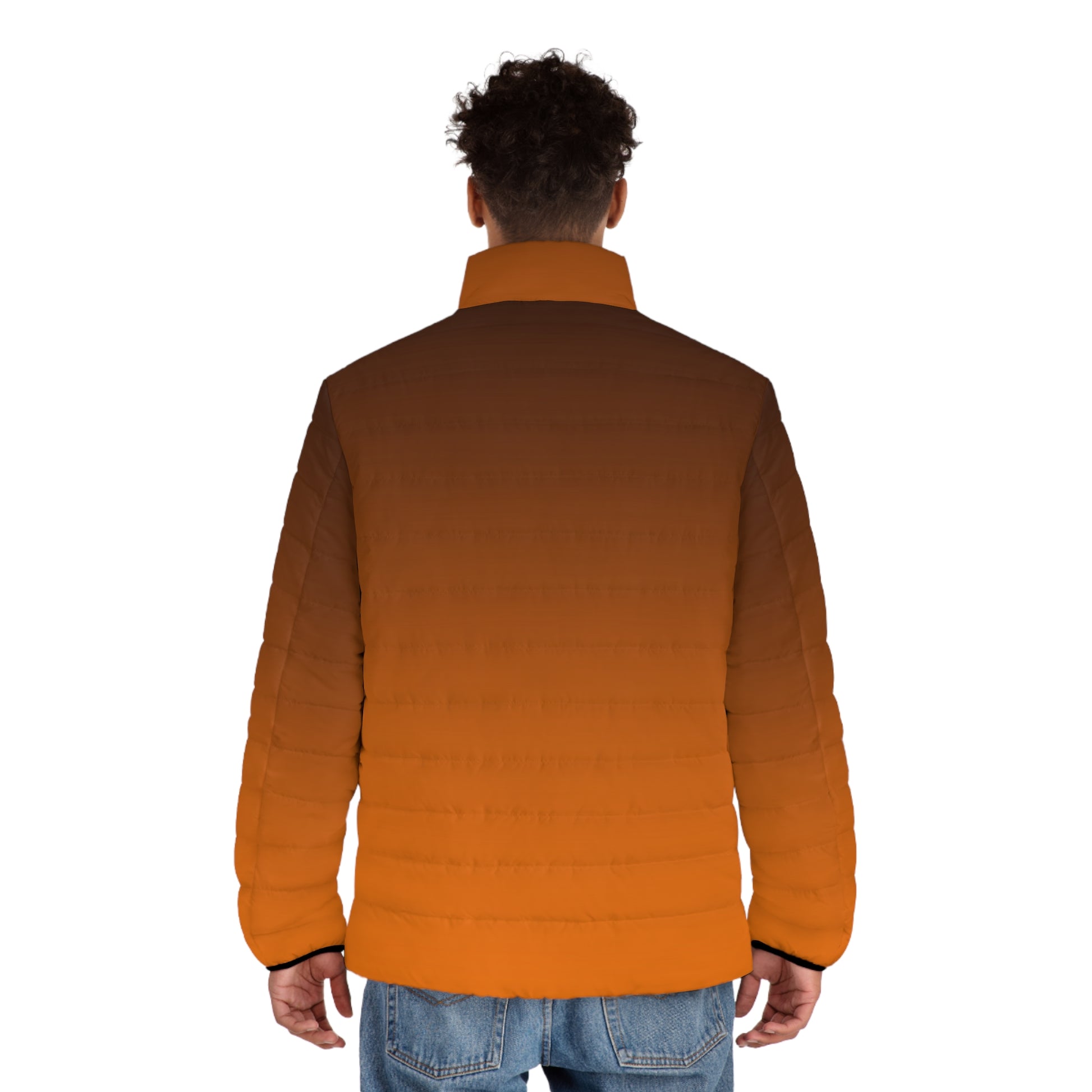 Back view of gradient puffer jacket in black and orange—showing warm insulation and bold color fade for Corvallis tailgates