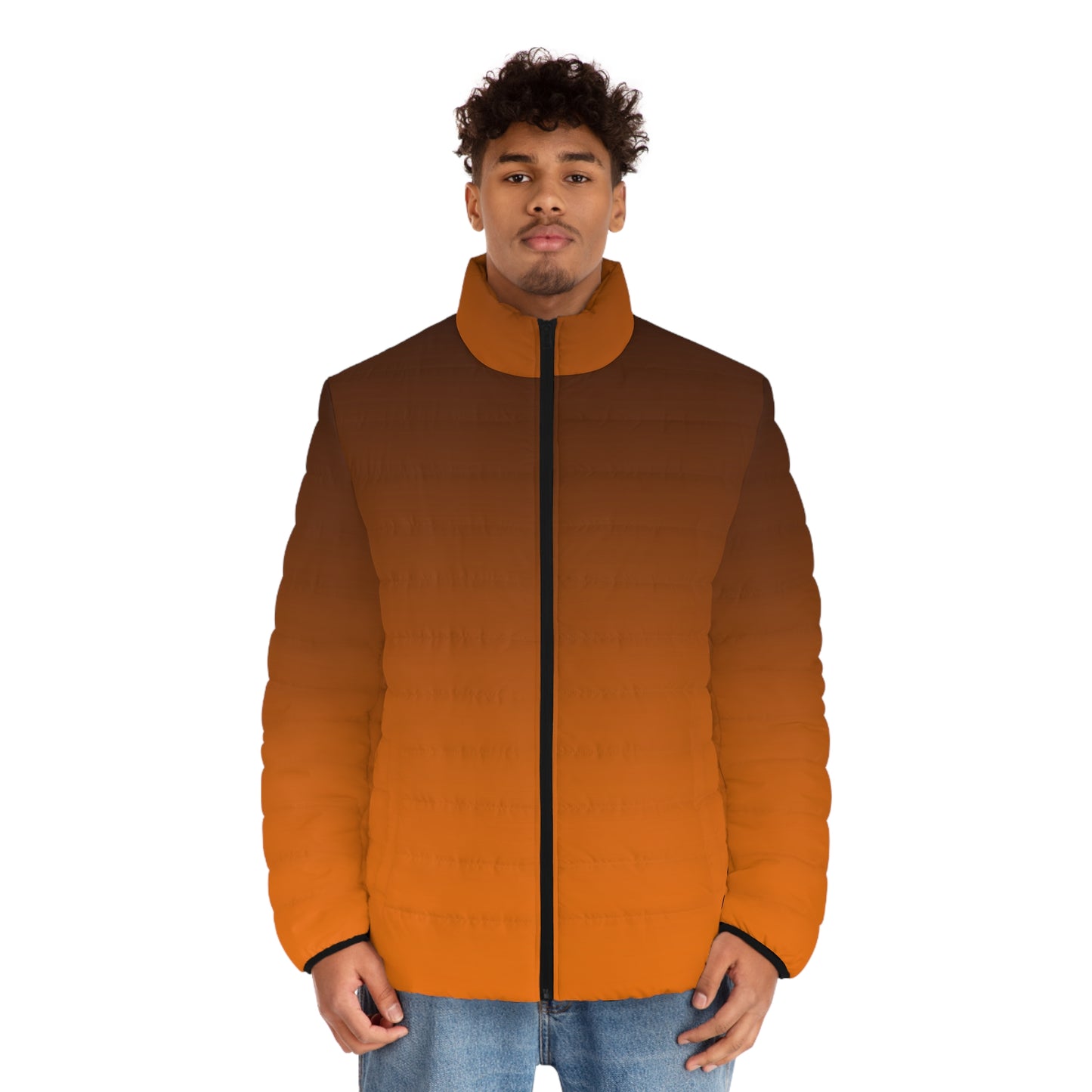 Front view of black and orange gradient puffer jacket—styled for Oregon State gamedays with bold ombré fade and cozy fit