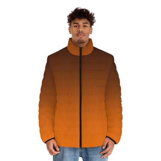 Front view of black and orange gradient puffer jacket—styled for Oregon State gamedays with bold ombré fade and cozy fit