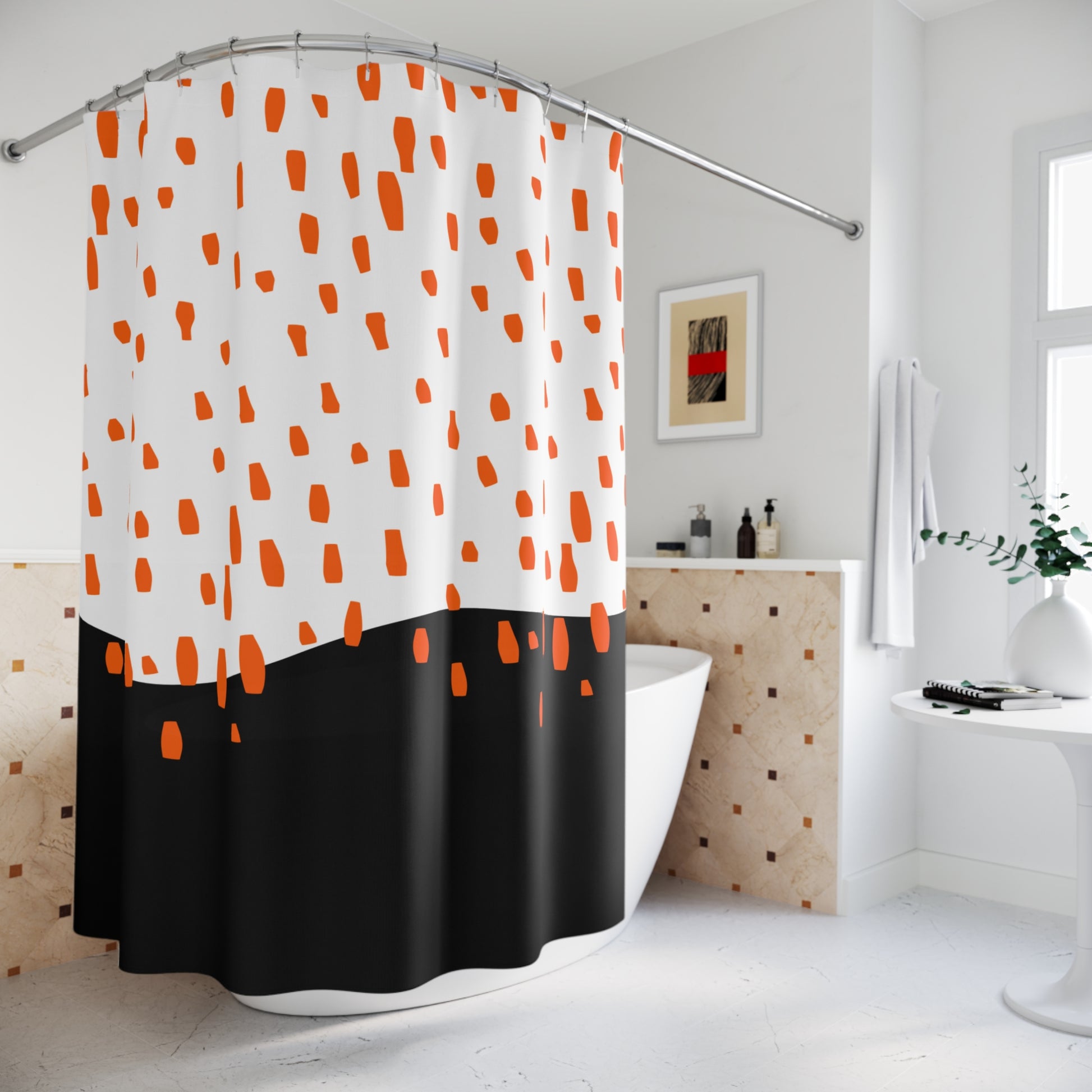 Styled bathroom scene with Mid-Century shower curtain, matte black fixtures, and wood accent