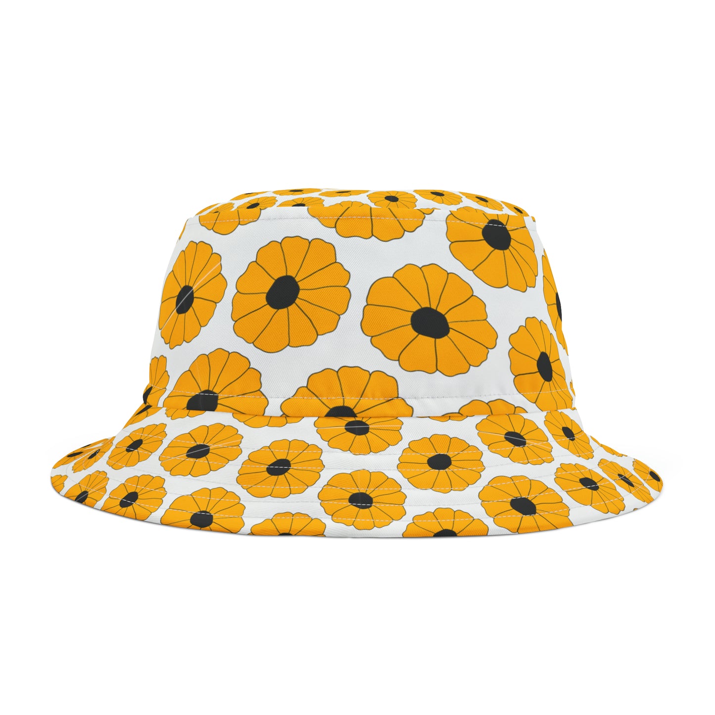 Front view of black and orange retro floral bucket hat—styled for Oregon State gamedays with PNW-inspired charm