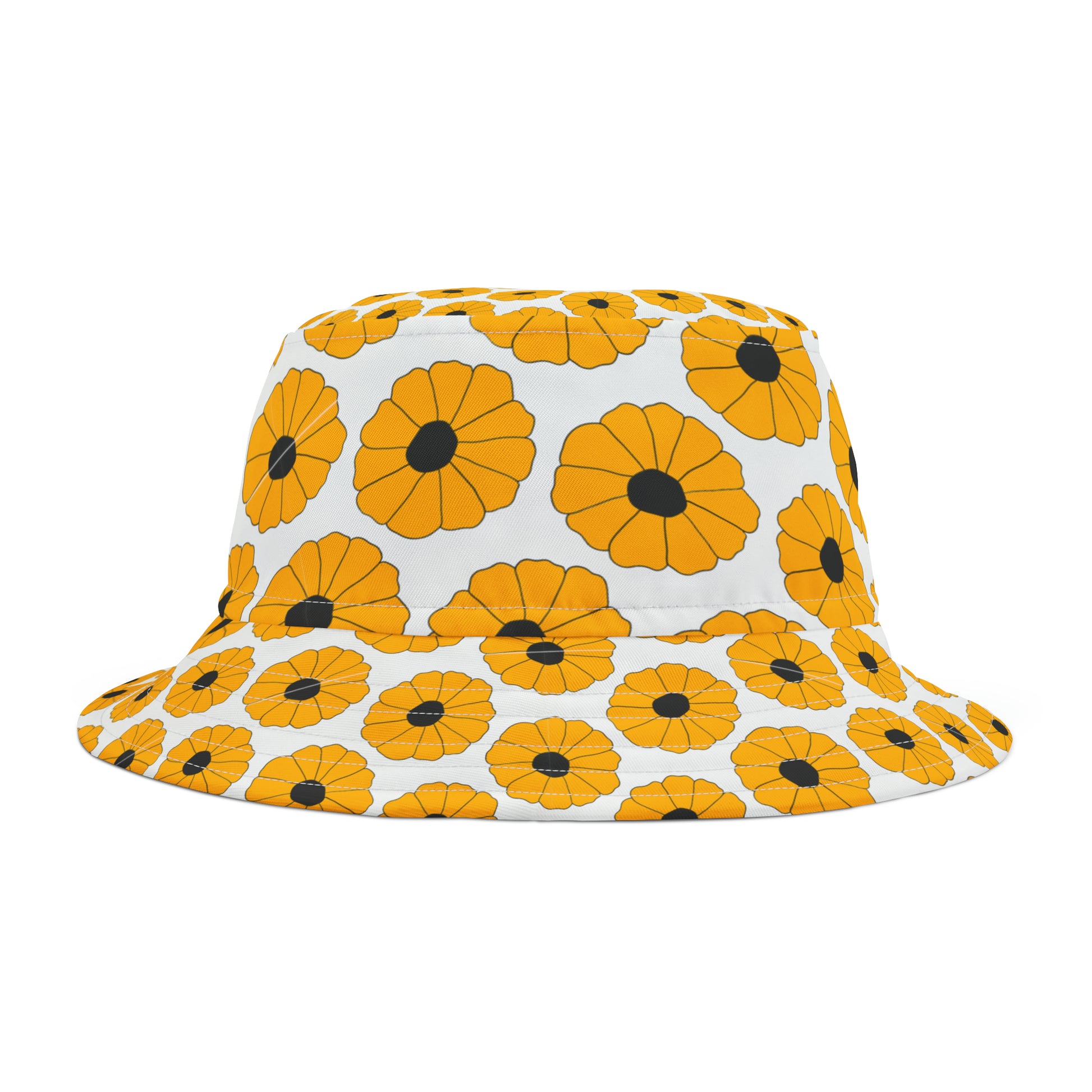 Front view of black and orange retro floral bucket hat—styled for Oregon State gamedays with PNW-inspired charm