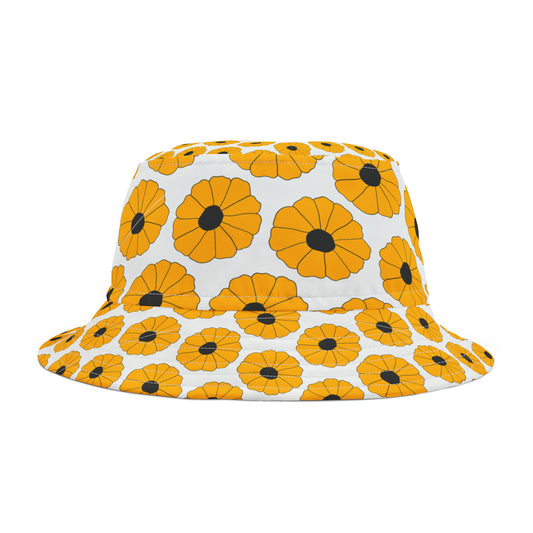 Front view of black and orange retro floral bucket hat—styled for Oregon State gamedays with PNW-inspired charm