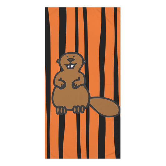 Front view of orange and black striped beaver-inspired bath towel