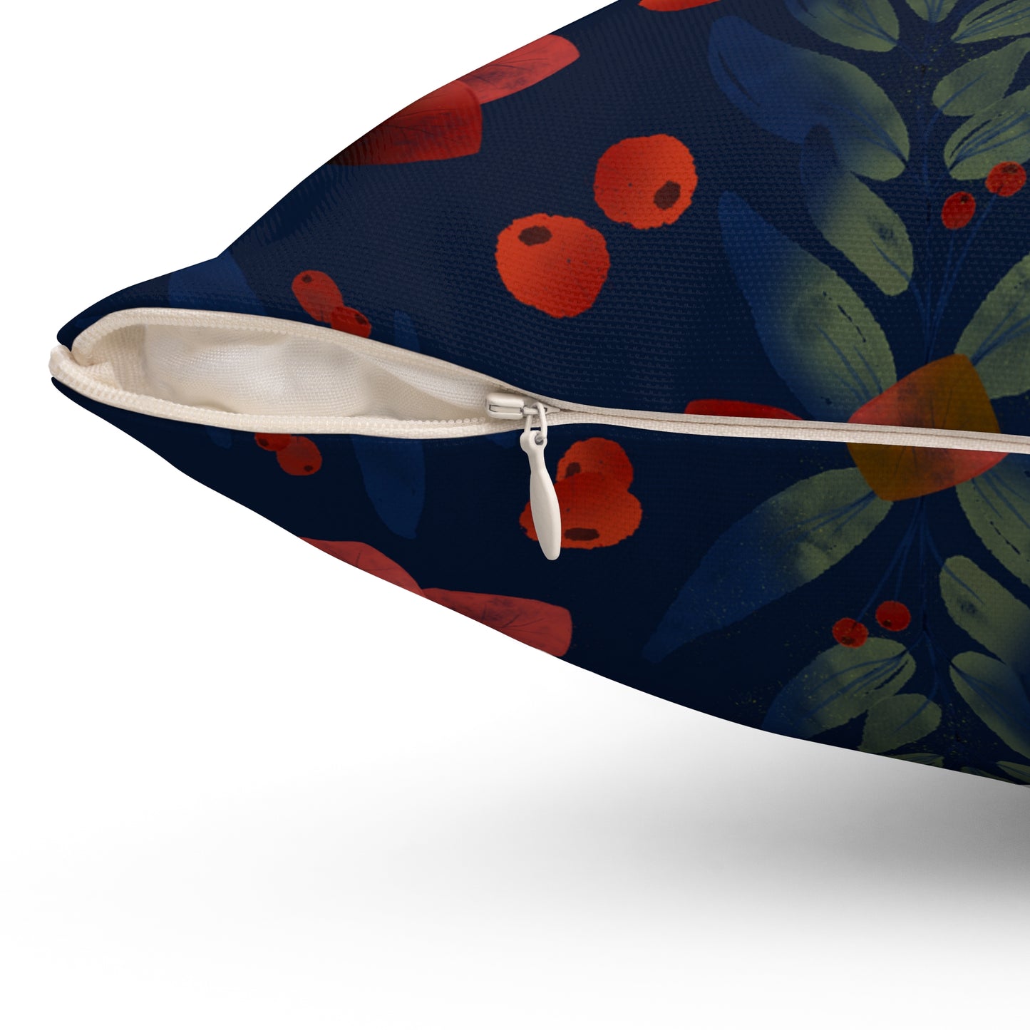 Close-up of hidden zipper on elegant dark blue Christmas pillow showing soft textured fabric and detailed stitching