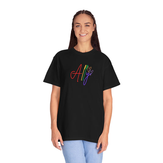 Bold Black Ally Pride Tee – A sleek black t-shirt featuring vibrant rainbow cursive "Ally," making a strong and stylish statement for LGBTQ+ allyship.