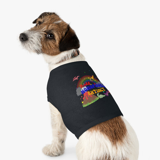 Deep black Pride t-shirt with a fierce dinosaur and a dog, featuring “Make Homophobia Extinct” text—bold, fun, and full of Pride power.