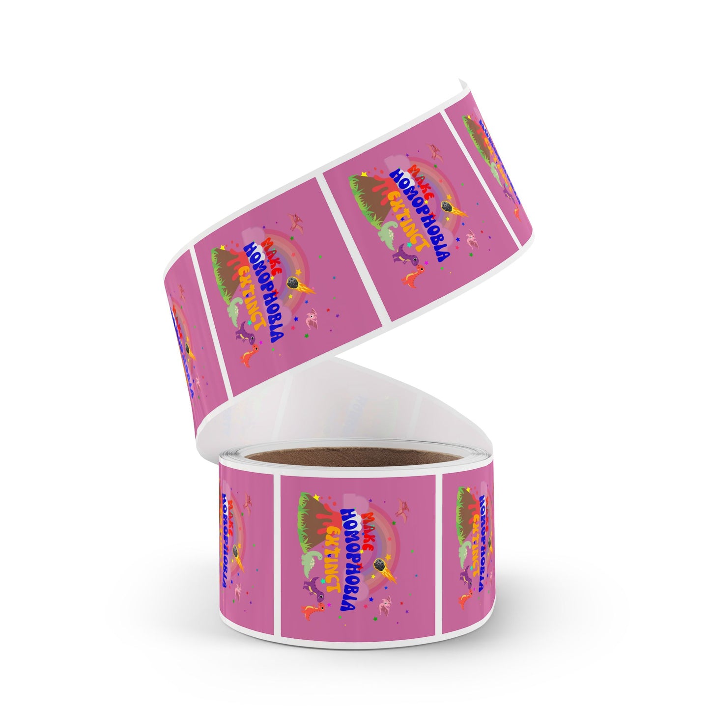 Bright pink LGBTQ+ sticker with a fierce dinosaur and “Make Homophobia Extinct” text—bold, fun, and powerful.