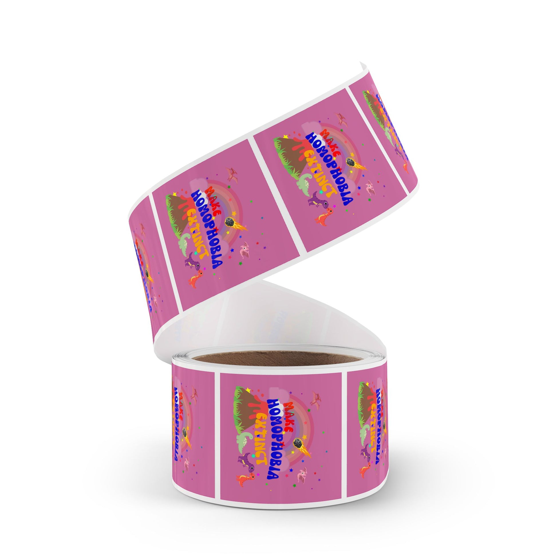 Bright pink LGBTQ+ sticker with a fierce dinosaur and “Make Homophobia Extinct” text—bold, fun, and powerful.