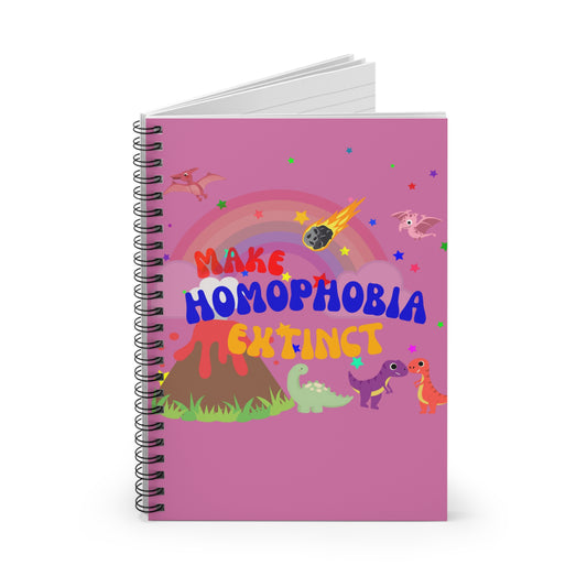 Minimalist pink notebook with a roaring dinosaur and “Make Homophobia Extinct” text—bold, expressive, and stylish.