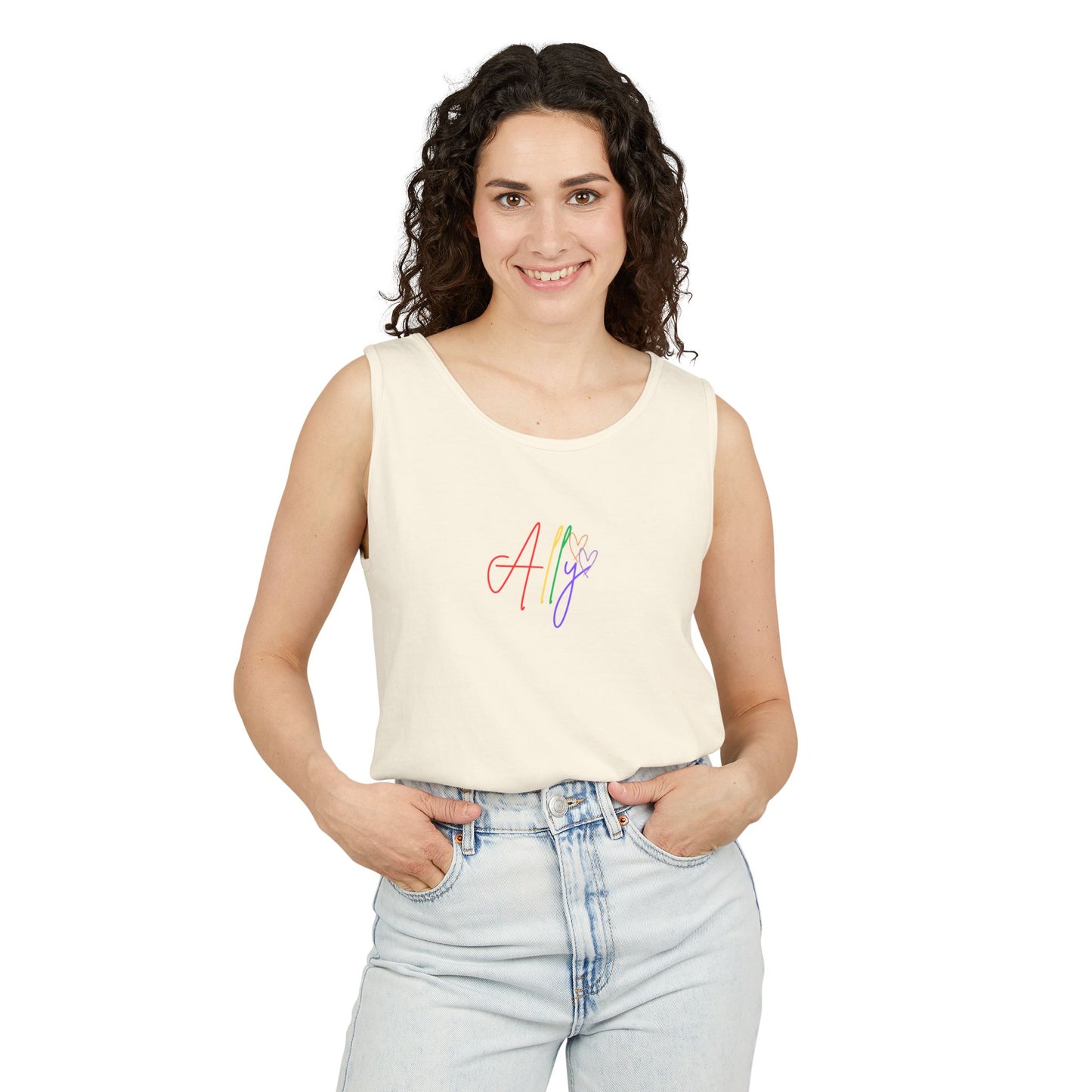 Close-up of a white unisex tank with colorful "Ally" lettering, designed for fierce LGBTQ+ supporters and allies.