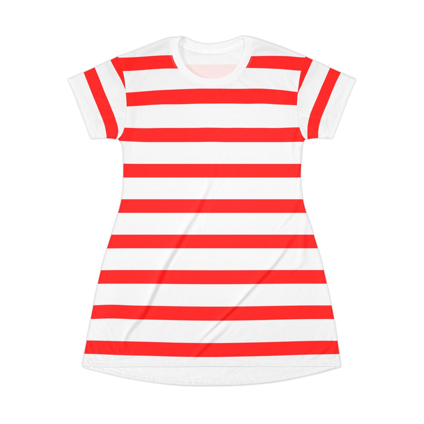 Chic Fourth of July nautical T-shirt dress with striking red stripes—festive, comfortable, and great for holiday gatherings.